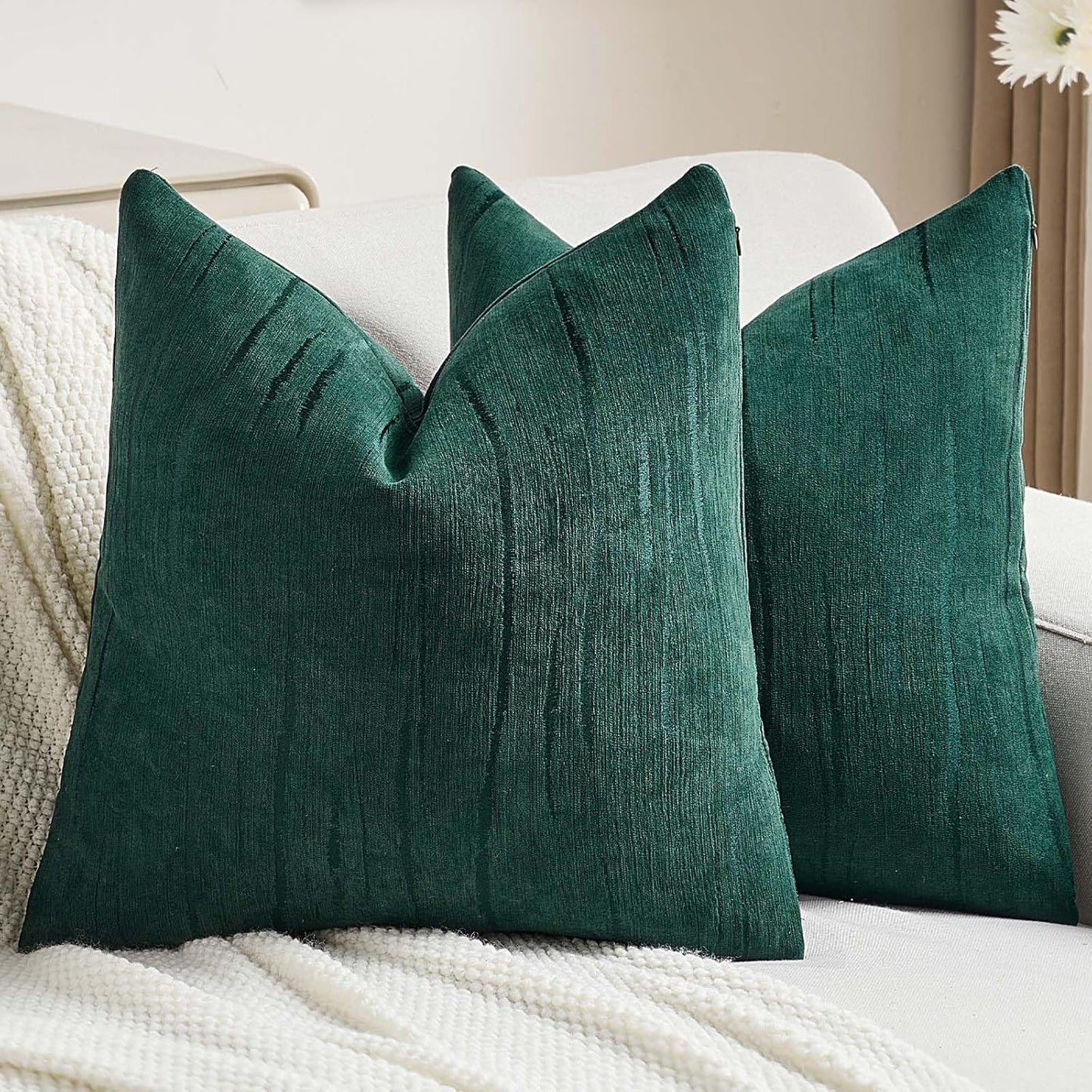 FUTEI Dark Green Chenille Decorative Throw Pillow Covers 18x18 Inch Set of 2,Soft Embossed Striped Textured Cushion Case,Modern Home Decor for Couch Bed Living Room