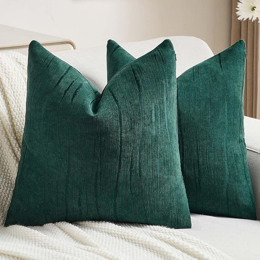 FUTEI Dark Green Chenille Decorative Throw Pillow Covers 20x20 Inch Set of 2,Soft Embossed Striped Textured Cushion Case,Modern Home Decor for Couch Bed Living Room