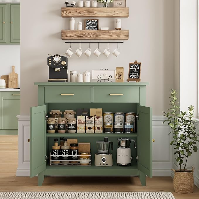 HORSTORS Kitchen Storage Cabinet, Modern Farmhouse Buffet Cabinet with Storage, Coffee Bar with 2 Drawers and 2 Doors, Floor Sideboard Buffet for Living Room, Dining Room, Bathroom, Green