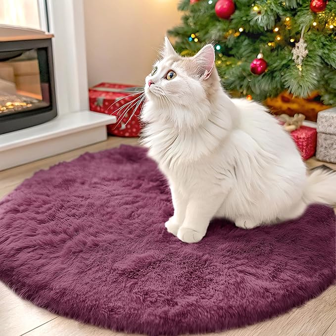 OLANLY Burgundy Round Rugs for Bedroom - Machine Washable, 2 ft Circle Area Rugs for Living Room, Soft and Fluffy Shaggy Carpet for Teen Girls and Boys, Nursery Rooms, Dorms, Home Decor Aesthetic