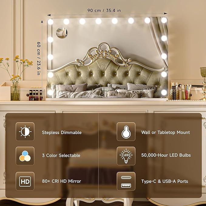 36''X24'' Hollywood Vanity Mirror with Lights, with Bluetooth Speaker, 3 Color Lighting Modes & Stepless Dimming, USB & Type-C Charging Port, 5X Magnification