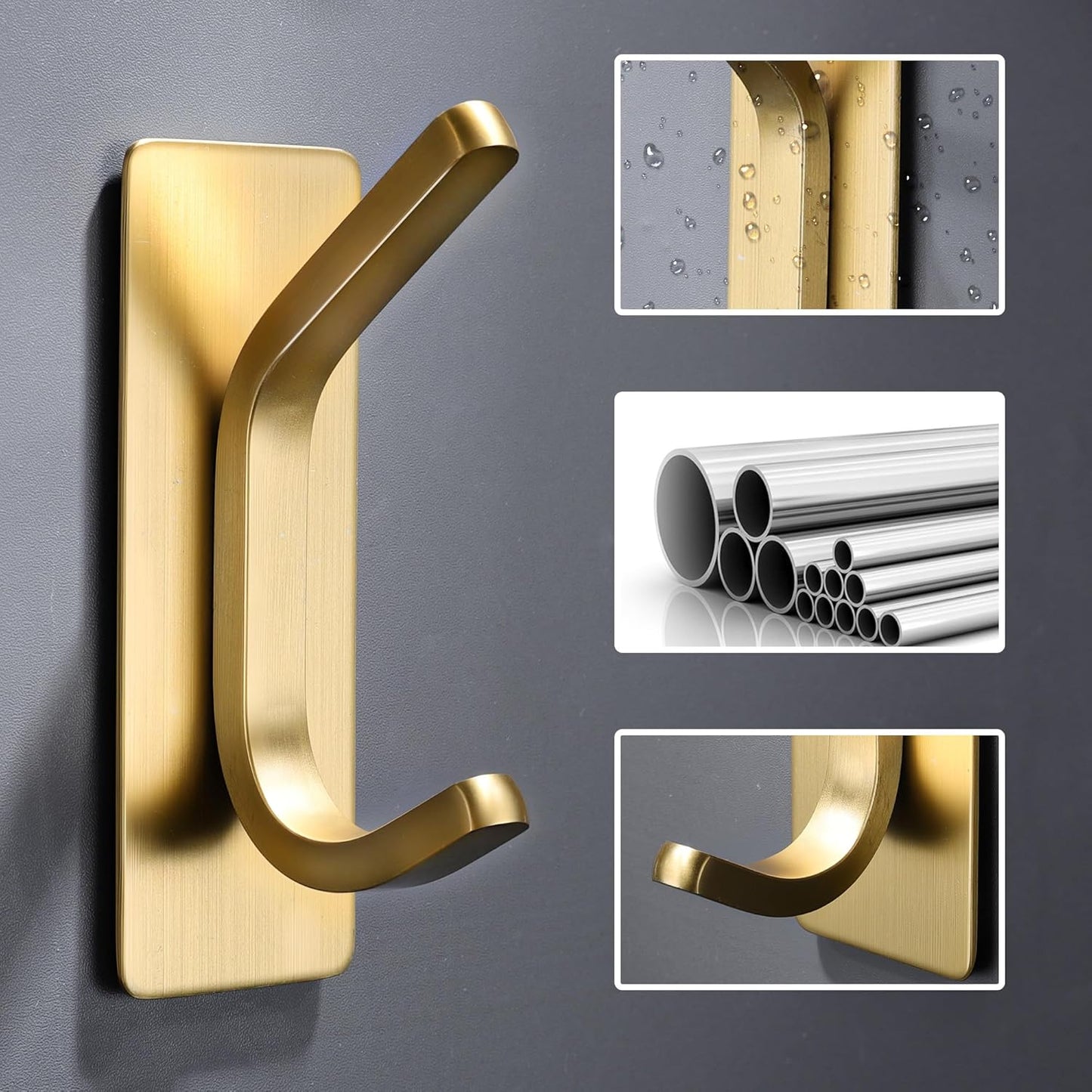 DELITON Gold Adhesive Hooks - 4 Pack Heavy Duty Stainless Steel Towel Hooks for Bathroom, Kitchen, No Drill Stick on Wall Hook for Hanging Robe, Coat, Clothes