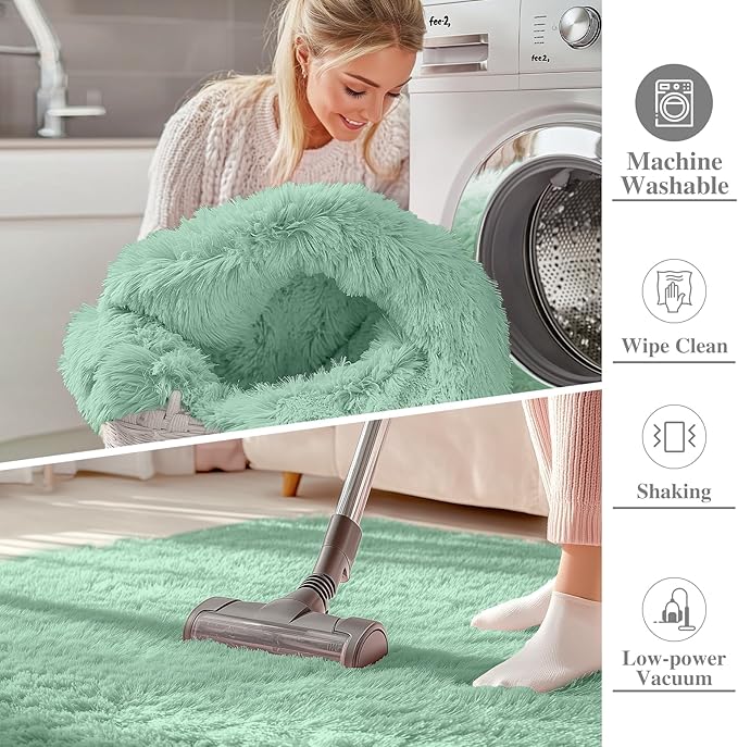 OLANLY Area Rugs for Living Room Bedroom, Machine Washable 4x5.9 ft Soft Fluffy Shaggy Bedside Rug, Indoor Floor Carpet for Kids Girls and Boys, Dorms, Nursery Rooms, Home Decor Aesthetic, Mint Green