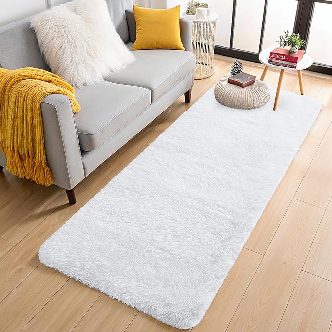 OLANLY 2x6 Machine Washable Runner Rugs for Hallway, Soft Fluffy Shaggy Bedside Rugs for Bedroom, Living Room, Indoor Floor Carpet for Kids Girls and Boys, Nursery Rooms, Home Decor Aesthetic, White