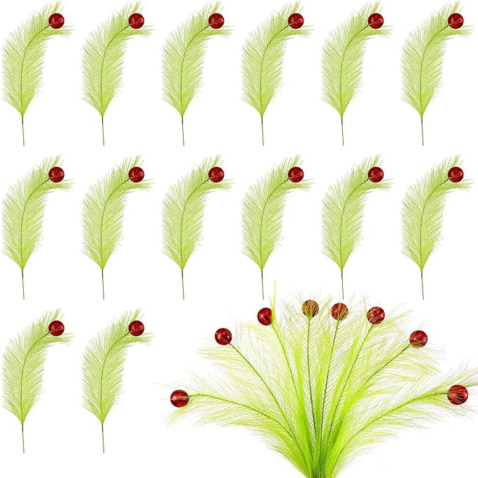 Hananona 30pcs 15" Christmas Picks and Sprays Christmas Tree Filler Green Curly Greenery Stems with Red Ball Xmas Artificial Stems for CraftsTree Decor, Vase Fillers, Home Decorations (30, Green)