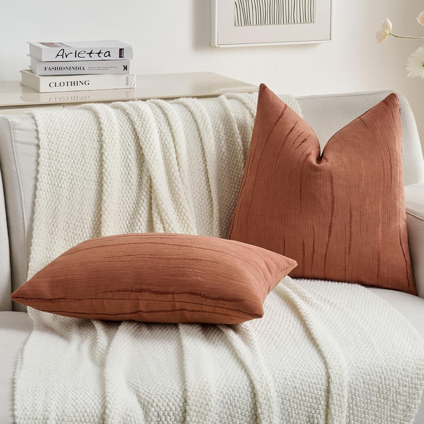 FUTEI Rust Chenille Decorative Throw Pillow Covers 20x20 Inch Set of 2,Soft Embossed Striped Textured Cushion Case,Modern Home Decor for Couch Bed Living Room