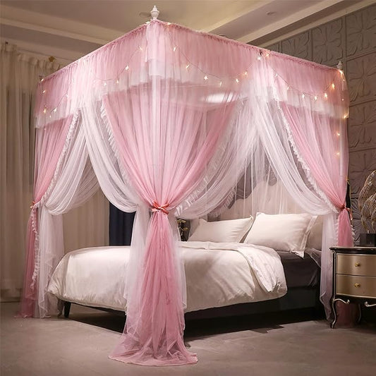 VETHIN 4 Corners Post Ruffle Princess Bed Canopy Curtain-Double Layer Cozy Drape Netting 4 Opening Mosquito Net for Girls Adults Bedroom Decoration (Pink/Whtie, 47" W*78" L*82" H/Twin)