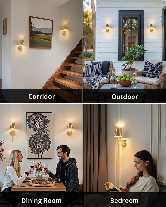 KDG Wireless Wall Sconces Set of 2, Small Cordless 5200mAh Rechargeable Battery LED Wall Lamps, Stepless Dimming Lightings for Wall Painting, Living Room, Bedroom, Hallway, Gifts, Night Light (Gold)