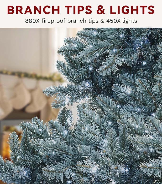 DWVO Prelit Christmas Tree 6ft, Colorado Blue Spruce Atificial Christmas Tree with 450 Cold LED Lights Includes Metal Stand, Green Full Xmas Trees with 880 Metal Hinged Branch Tips, for Home Party