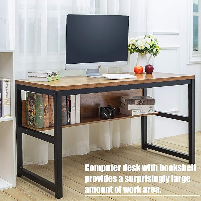 TOPSKY Computer Desk with Bookshelf/Metal Hole Cable Cover 1.18" Thick Desk (55", Oak Brown)