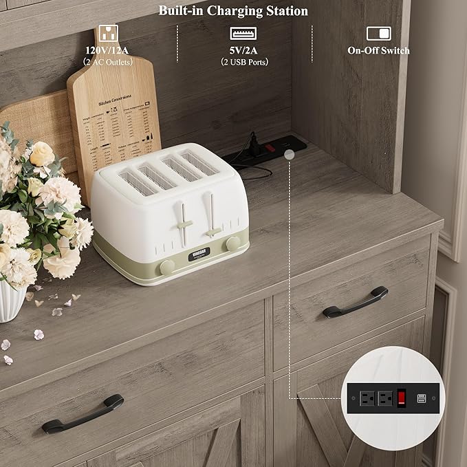 HOSTACK 71" Tall Kitchen Pantry Storage Cabinet with Charging Station, 55" Wide Kitchen Hutch Cabinet with Large Countertop, Farmhouse Food Pantry with Drawers for Living Room, Ash Grey