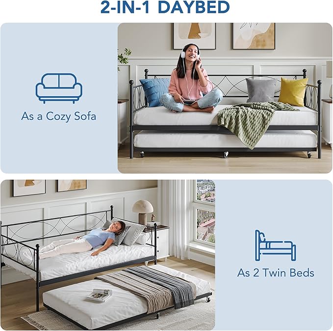 IDEALHOUSE Twin daybed with Trundle, Metal Twin Daybed and Trundle Set, Day Bed Sofa Bed Frame with Steel Slat Support, Multifunctional Daybed Frame for Bedroom (Modern - Black)