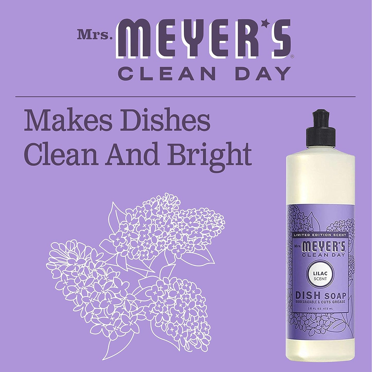 MRS. MEYER'S CLEAN DAY Liquid Dish Soap, Biodegradable Formula, Lilac, 16 fl. oz