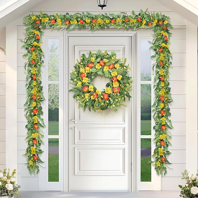 6FT Summer Garland for Decoration, Summer Green Eucalyptus Flower Garlands for Mantle Table Wedding Decor, Fake Vines Greenery Easter Garland Room Garden Backdrop Floral Arch Wall Farmhouse Home Decor