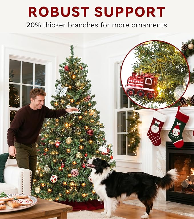 DWVO Prelit Christmas Tree 7.5ft, Atificial Christmas Tree with 550 LED Lights Includes Metal Stand, Xmax Trees Green Full Trees with 1450 Branches Tips, Metal Hinges Remote Control for Home Party