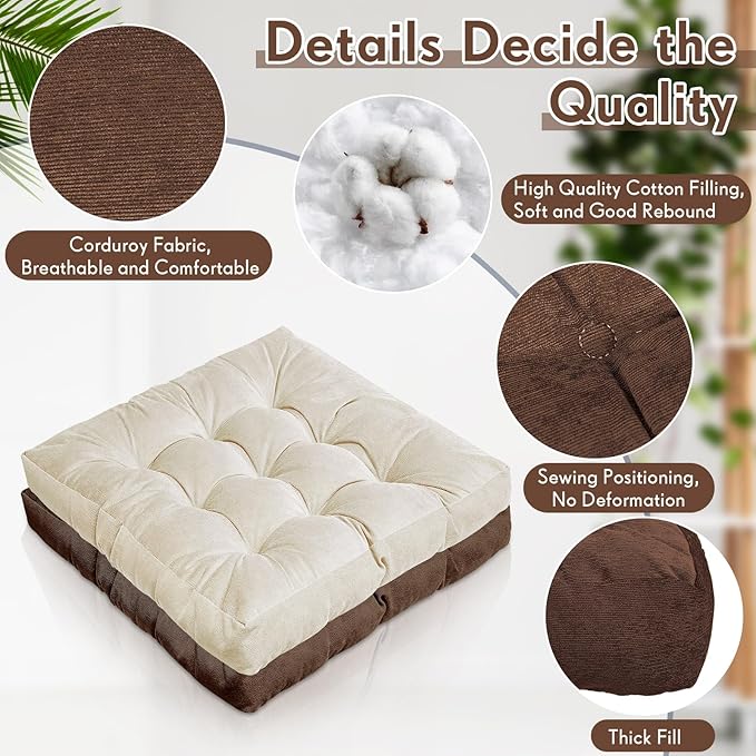 Jerify 4 Pcs Floor Pillow Cushions 22 x 22 Inch Round Square Large Meditation Floor Pillow for Classroom Adult Meditation Picnic Party Cushion for Seating Gift Christmas(Brown,Square)