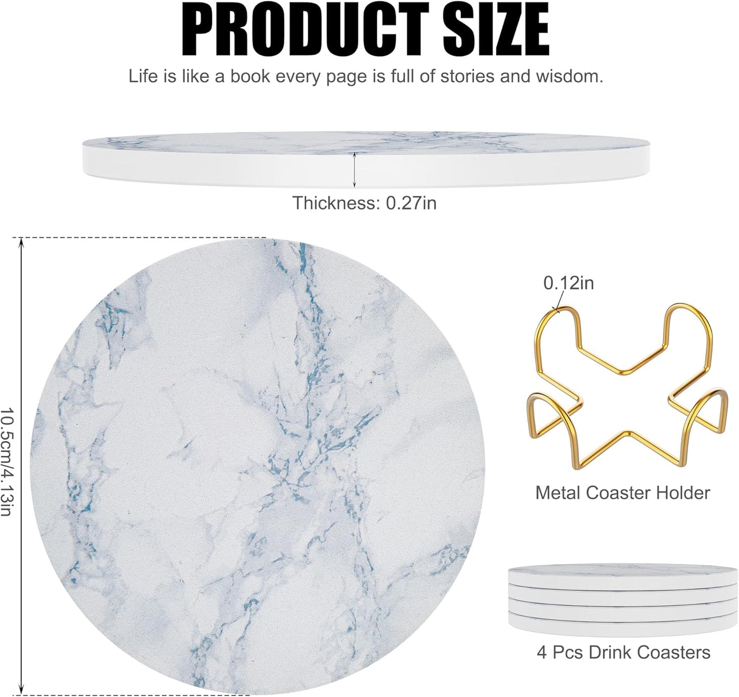 Coasters for Drinks Set of 4, Absorbent Ivory Marble Style with Metal Golden Holder, Ceramic Coaster Set Cup Mat for Home Decor, Bar, Kitchen, Party