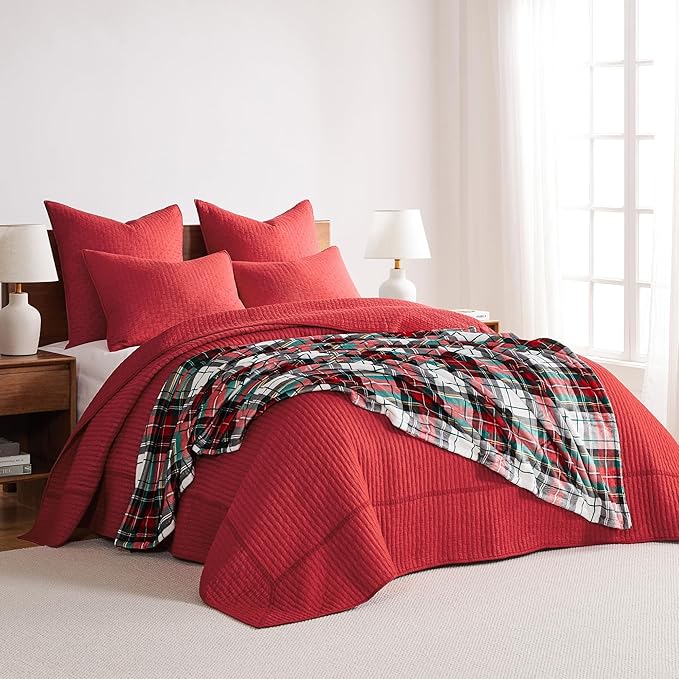 Levtex Home Cross Stitch Reversible Queen Bedspread Set (104x106in) with 2 Pillow Shams (26x20in) - Stitch Texture - Chile Red - Cotton Queen Size Bedspread Set - Lightweight, Soft, Pre-Washed