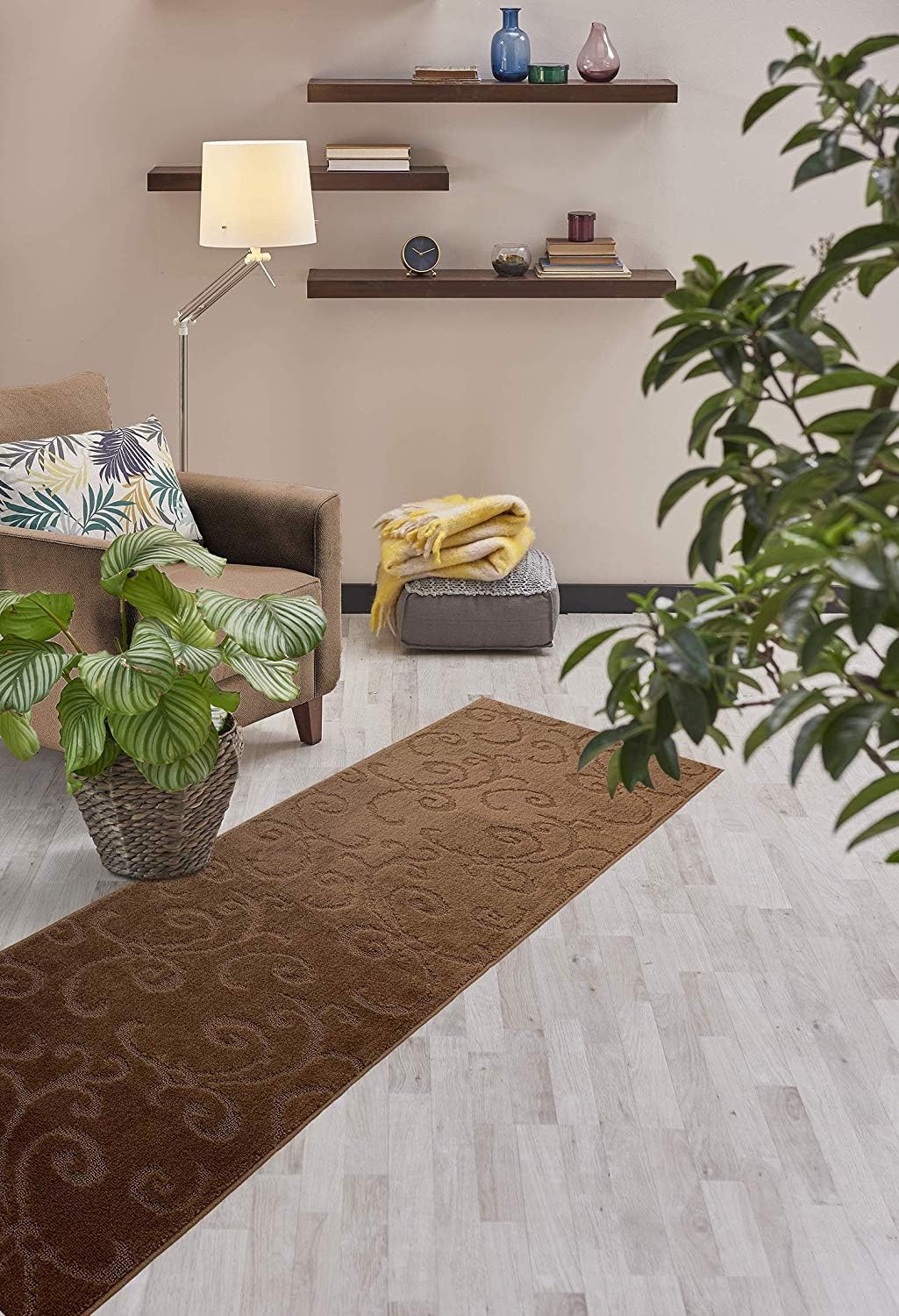 Custom Length Hallway Runner Rug,Slip Resistant,Scroll Brown, 26 Inch X 33 feet, Sold and Priced Per Foot