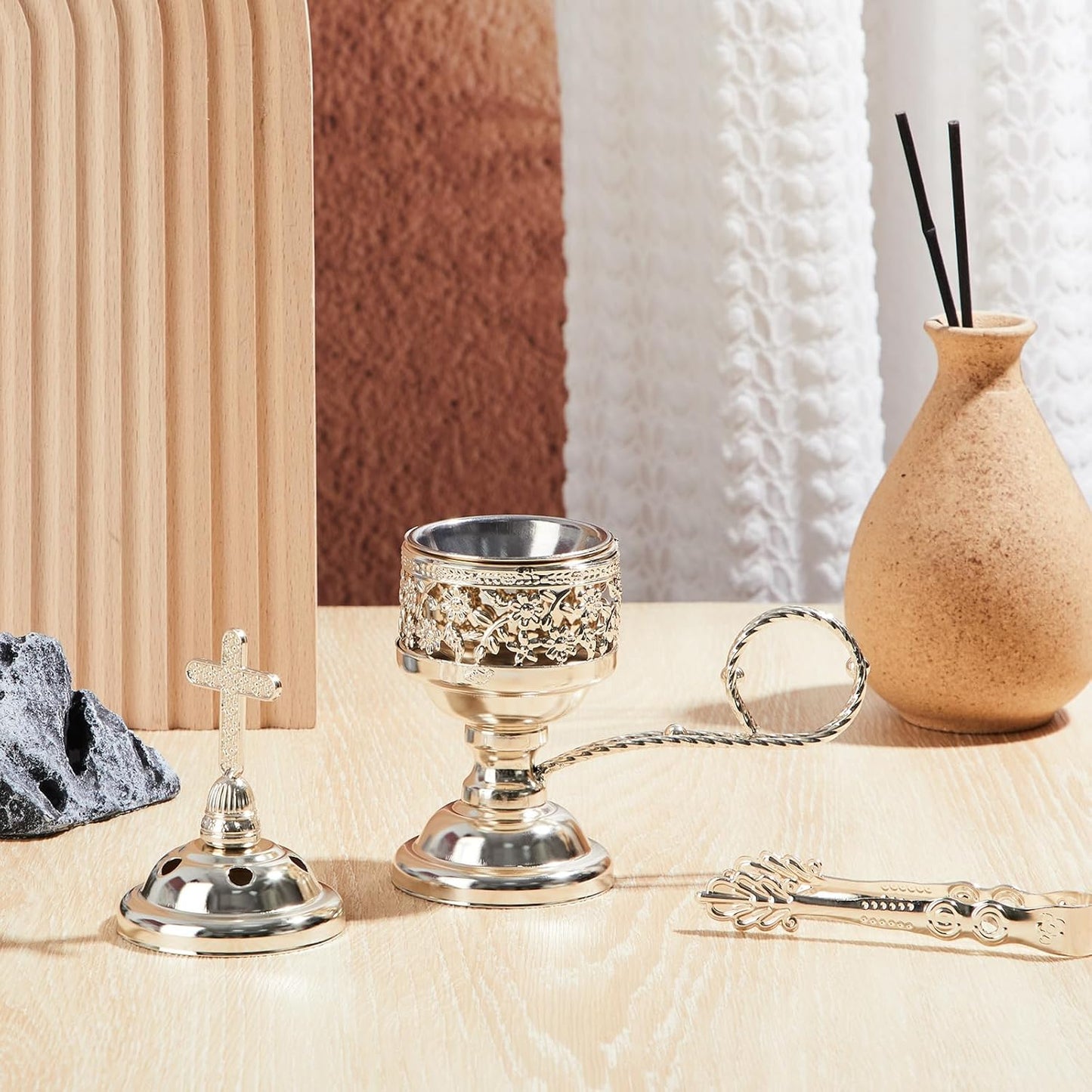 Zonon 2 Sets Incense Burner with Tong, Frankincense Charcoal Incense Stand Holder, Ideal for Yoga, Spa, Aromatherapy, Home and Christian Church Censer (Sliver)