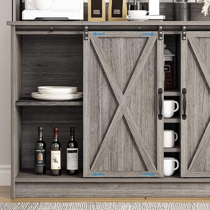 4ever2buy Farmhouse Coffee Bar Cabinet with Hutch and 6 Hooks, 47 Inch Wine Bar with Storage, Buffet Cabinet with Adjustable Shelves&9 Wine Racks, Kitchen Buffet Cabinet for Dining Living Room, Grey