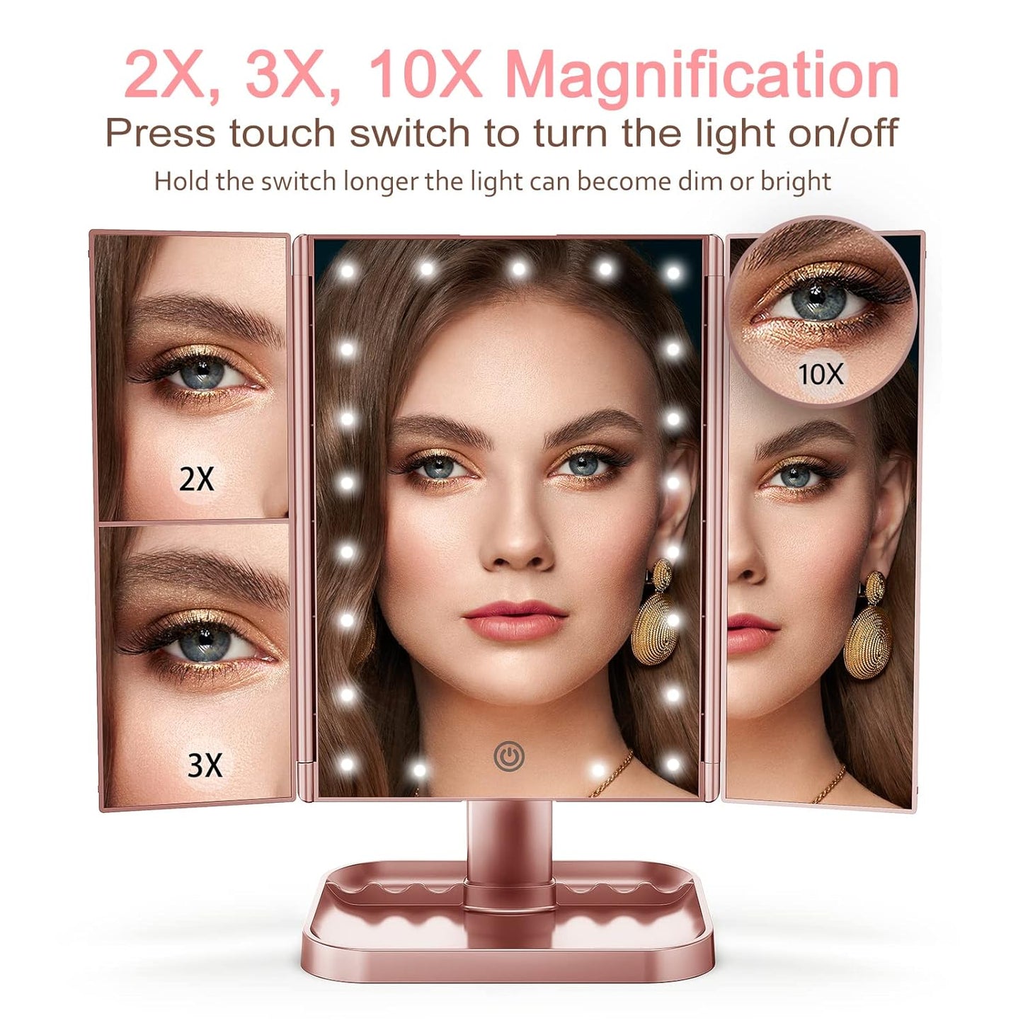 HUONUL Makeup Mirror, 10X 3X 2X Magnification, Lighted Makeup Mirror, Touch Control, Dual Power Supply, Portable LED Mirror, Women Gift (Rose Gold)