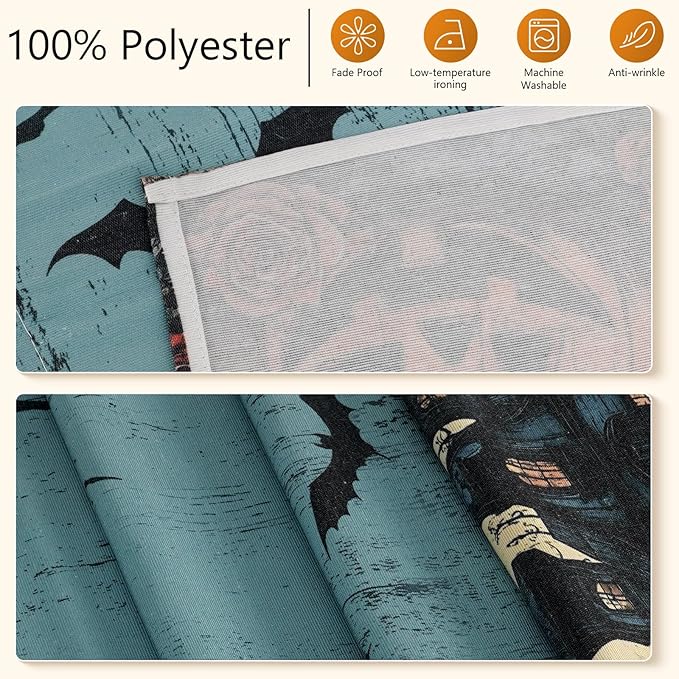 Halloween Table Runner with Haunted Castles, Bats & Pumpkins, Table Decoration for Dining Party and Home Decor,72x13 inches