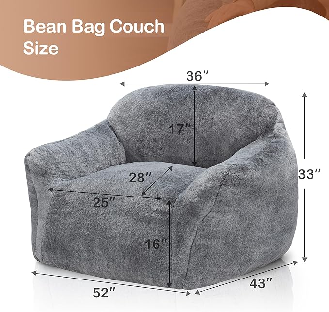 Homguava Bean Bag Chair Bean Bag Chairs for Adults Comfy Beanbag Chair with Spacious Design Oversized Bean Bag Sofa with Armrest Giant Bean Bag Chair with Filler for Living Room Bedroom (Grey)