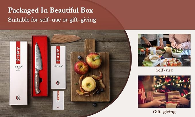 HEZHEN 5.3 Inches All Purpose Kitchen Knife with Sheath, 67 Layers Damascus Steel Kitchen Utility Knife for Cooking Preparation, Petty Knife, Micarta Handle,Gift Ready