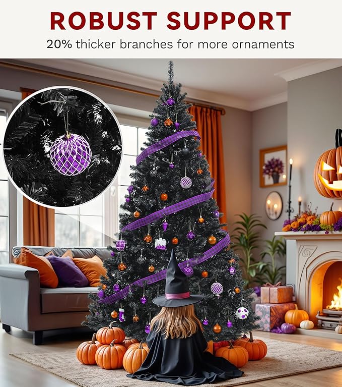 DWVO 6ft Pre-lit Black Christmas Tree with Lights, Prelit Halloween ChristmasTtrees with 818 Tips & 250 UL Listed Lights, Automatic Branches & Easy Assembly with Remote Control for Home Party