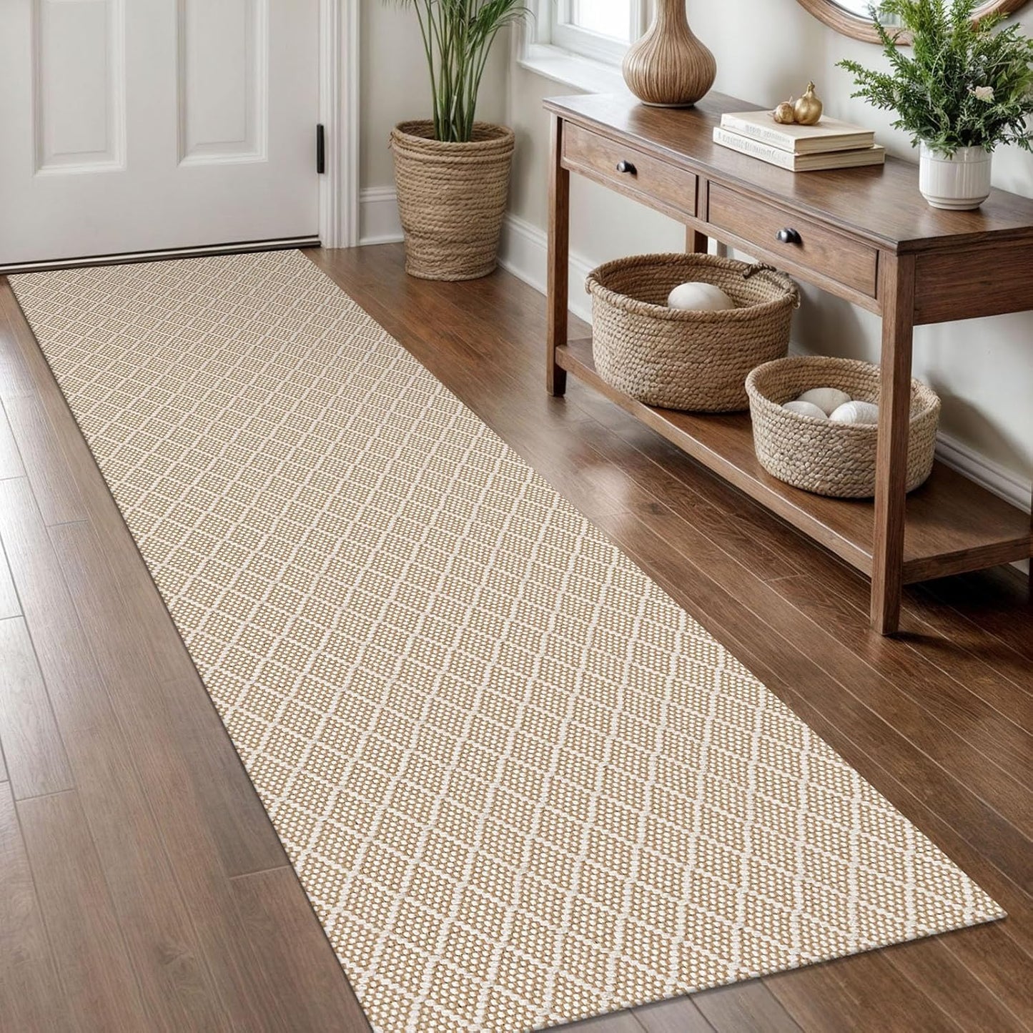 KOZYFLY Runner Rug 2x8 Ft Washable Runners for Hallways Non Slip Rubber Backed Kitchen Runners, Braided Cotton Entryway Runner Indoor, Floor Carpet for Hallway Kitchen Entryway, Tan/Beige