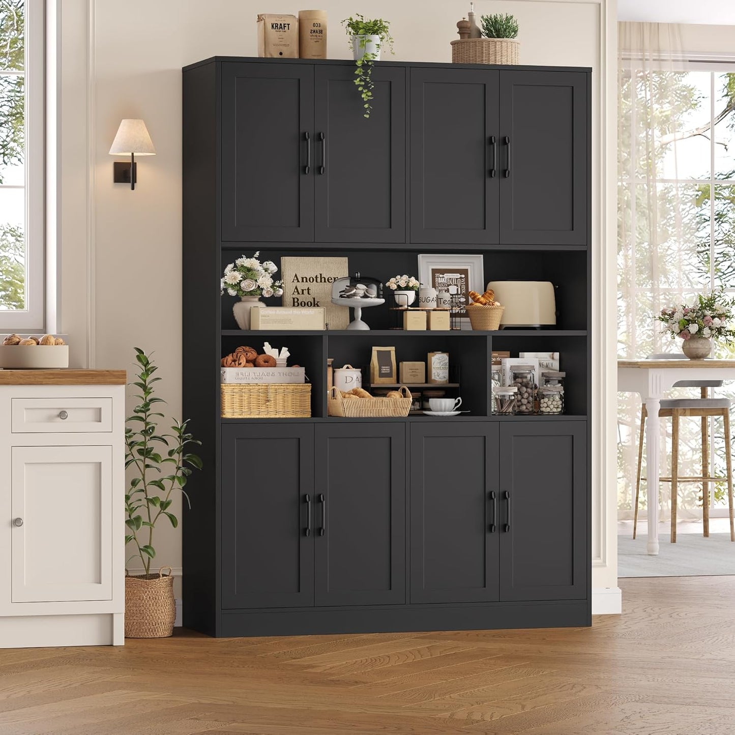 HORSTORS 71" Tall Storage Cabinet, Large Kitchen Cabinet with Deep Shelves and Doors, 47" Freestanding Display Shelf with Storage for Home Office, Living Room, Black