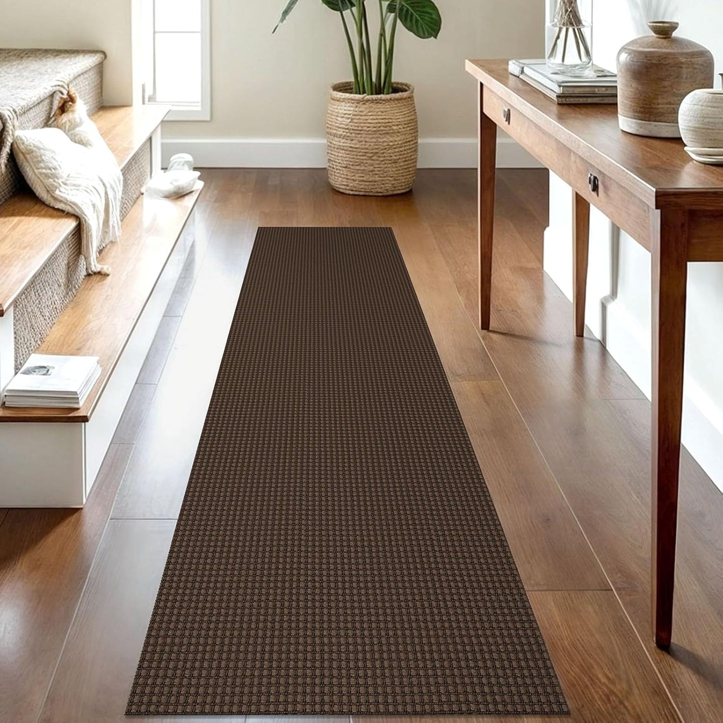 IOHOUZE Washable Runner Rug 2x8 Non Slip Rubber Backed Hallway Runner Entryway Runner Indoor, Kitchen Rugs Woven Cotton Floor Carpet for Kitchen Hall Entrance Bedroom, Brown