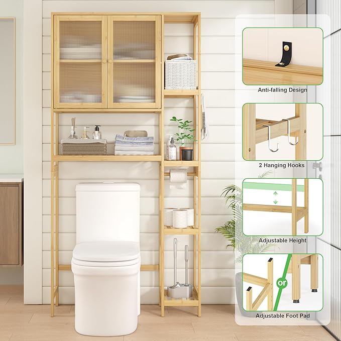 Over The Toilet Storage Cabinet Above Toilet Bathroom Organizer with Toilet Paper Holder Stand Bath Organizer with Adjustable Shelves & Acrylic Doors,Anti-Tip Device (Nature, 3 Tiers with Cabinet)