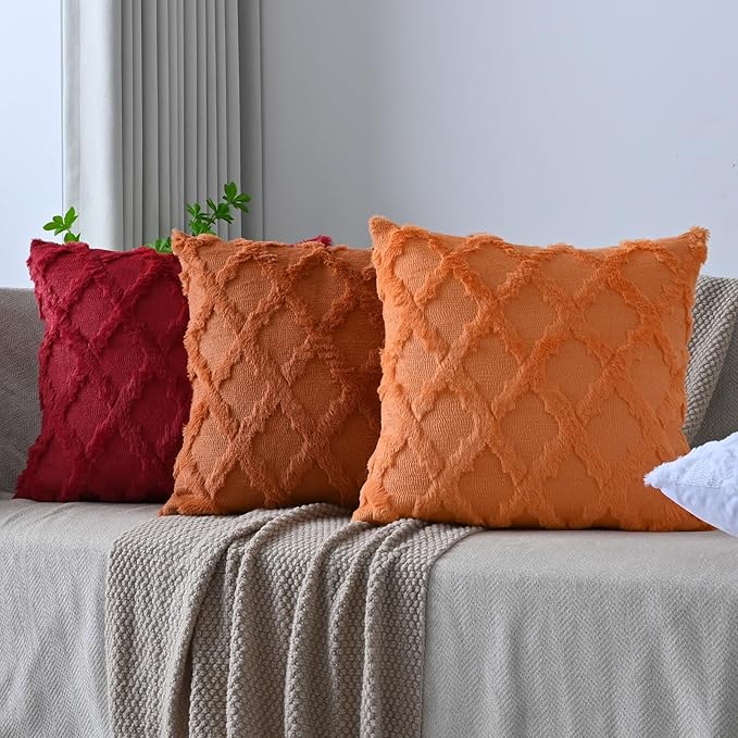 Set of 2 Soft Moroccan Throw Pillow Covers 22x22 Inch Plush Boho Decorative Pillow Cover Accent Cushion Case for Couch Sofa Bed, Orange