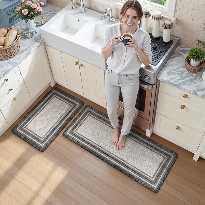 KIMODE Anti Fatigue Kitchen Mats for Floor 2PCS,17"x47"+17"x29" Farmhouse Kitchen Rugs Non Slip Rubber Backing,Waterproof Cushioned Standing Mat for Office,Laundry,Sink,Desk,Grey