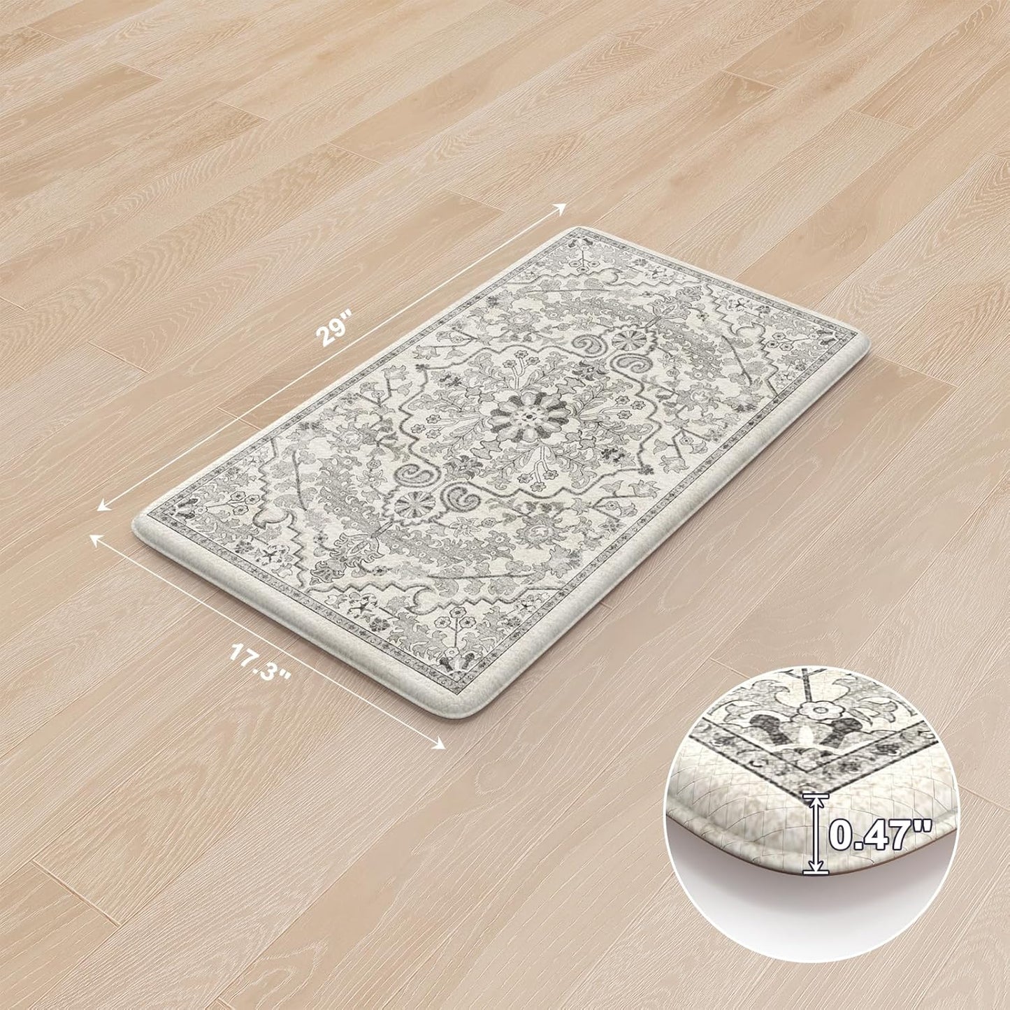 KIMODE Anti Fatigue Kitchen Mat 17.3"x29", Boho Distressed Kitchen Floor Mats Non Slip, Waterproof Kitchen Mat for Floor, Padded Comfort Standing Mat for Laundry, Office, Sink, Desk Grey