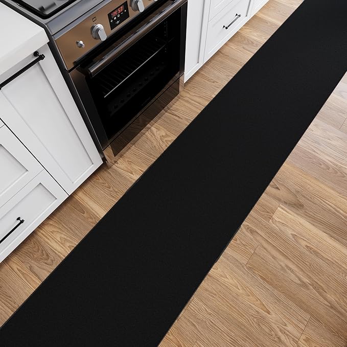 Ottomanson 2x14 Non Slip Extra Long Hallway Runner Rug with Rubber Backing - Solid Modern Kitchen Rug for Bedroom or Living Room, Black, 2' x 14'
