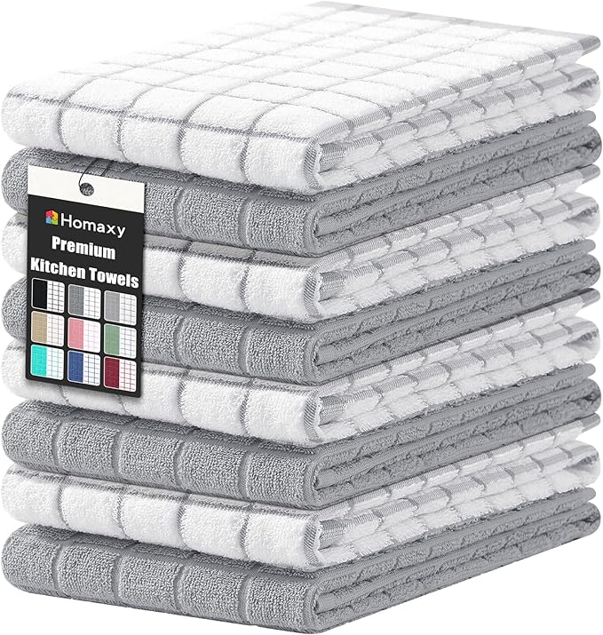 Homaxy Premium Cotton kitchen towels 16"x 28", Large Natural Ring Spun 390 GSM Dish Towels, Super Absorbent Terry Kitchen Hand Towels, Soft Tea Towel with Hanging Loop, Light Grey Check Design, 8 Pack