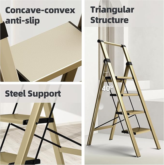 HillhutApex 4 Step Foldable Aluminum Step Ladder with Handgrip, Anti-Slip Pedal, 330 lbs Capacity, Lightweight & Portable for Home, Kitchen, Office, Garage (Gold)