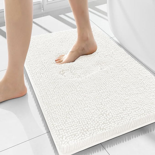 Smiry Luxury Chenille Bathroom Rugs 34x21, Extra Soft and Absorbent Shaggy Bath Mat, Machine Washable, Non-Slip Plush Carpet Runner for Tub, Shower, and Floor, Home Decor Accessories, Ivory