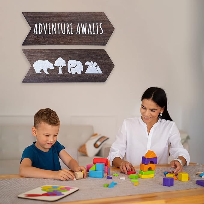 Nursery Wall Decor - 2 Pcs Wood Adventure Awaits Sign, Nursery Decor For Kids Room, Safari Theme Woodland Decorations, Toddler Easter Gifts for Babies - 14 x 10 inch