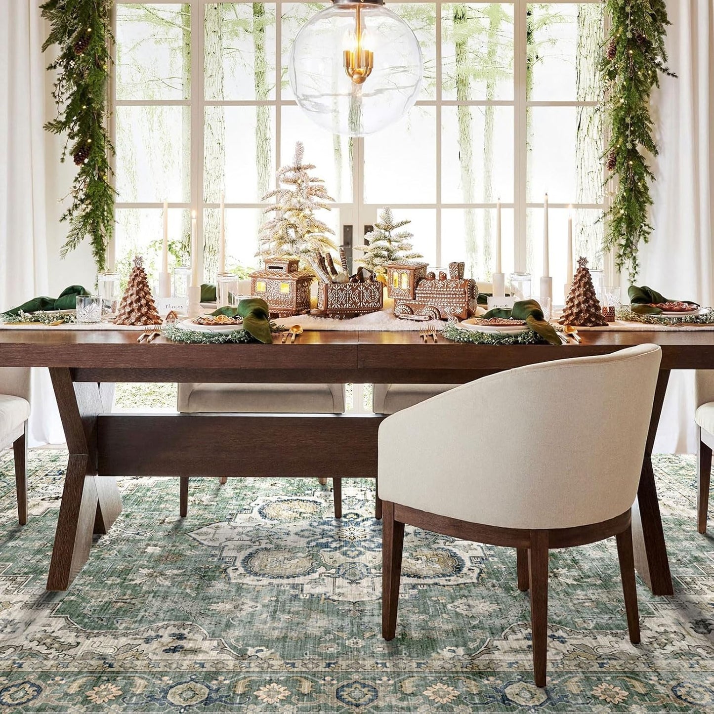 Area Rugs 9x12 Living Room - Large Washable Sage Green Boho Rugs for Bedroom Soft Vintage Rug Ultra-Thin Farmhouse Oriental Carpet Stain Resistant Rug for Dining Room Guest Room Home Decor