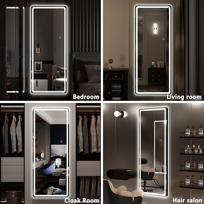 Hasipu LED Door Mirror Full Length, 44.1" x 15.8" Lighted Over The Door Hanging, Full Body Wall Mounted, Light Up Long Dressing, Round Black