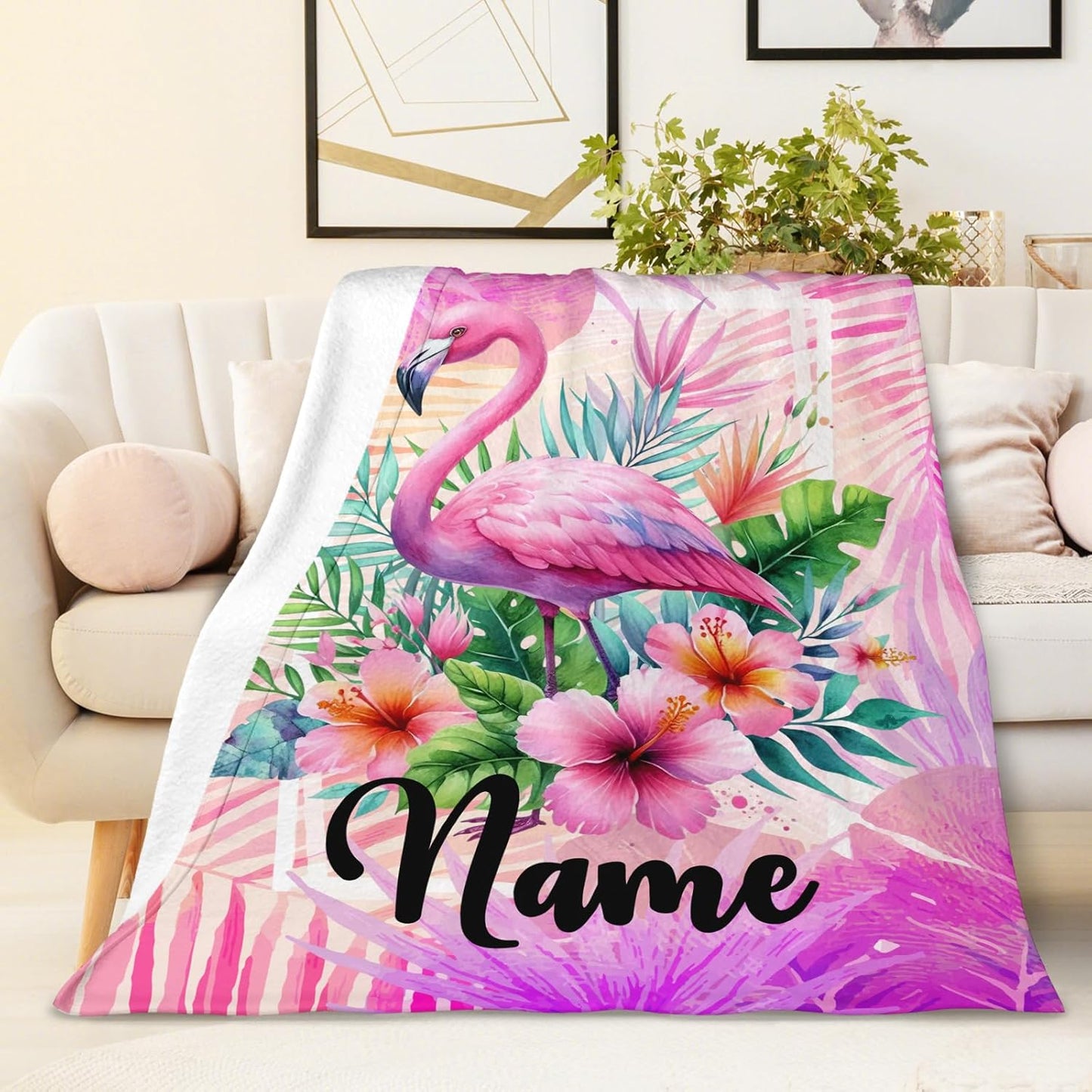 Kids Blanket for Girls Adults Personalized Flamingo Blanket for Gift, Custom Cute Warm Cozy Throw for Living Room Bed Sofa Camping