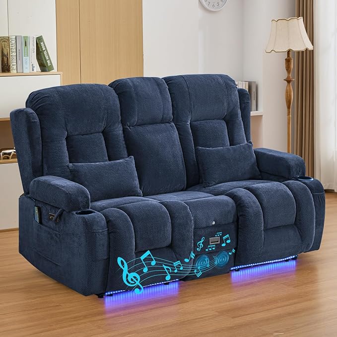 IPKIG 67" Power Reclining Loveseat Sofa, Electric Home Theater Seating with Console/4 Colors Ambient Lighting/Bluetooth Speakers/USB Ports/Built-in Outlets (Navy Blue, Loveseat Recliner)