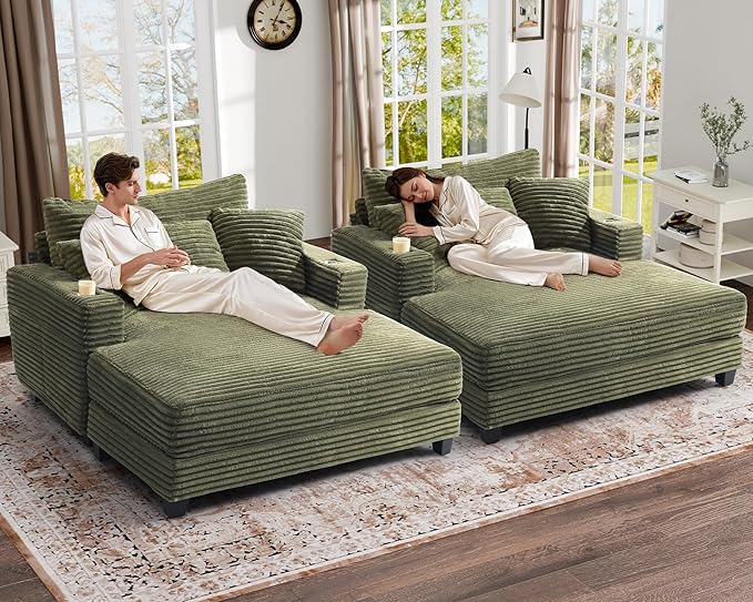 HUSFU Chaise Lounge Chair Indoor, 60'' Oversized Sleeper Sofa, Chaise Lounge Reading Chairs for w/Cup Holder and USB&Type C Port, Fluffy Plush Cloud Sofas Couches for Living Room,Set of 2,Green