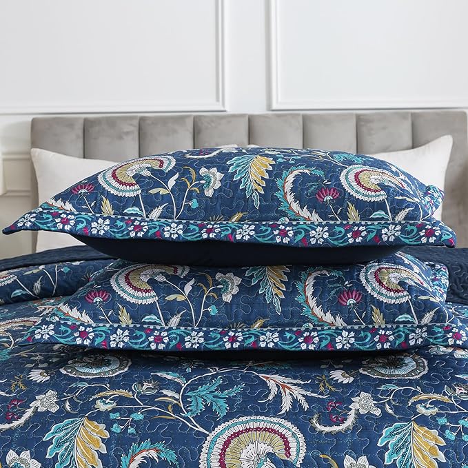 NEWLAKE Quilt Set King Size, Bedspread Sets Blue Botanical Floral Patterns, Reversible Quilt Bedding Set Lightweight and Breathable for All Seasons, Soft Quilted Bedspread with 2 Pillow Shams