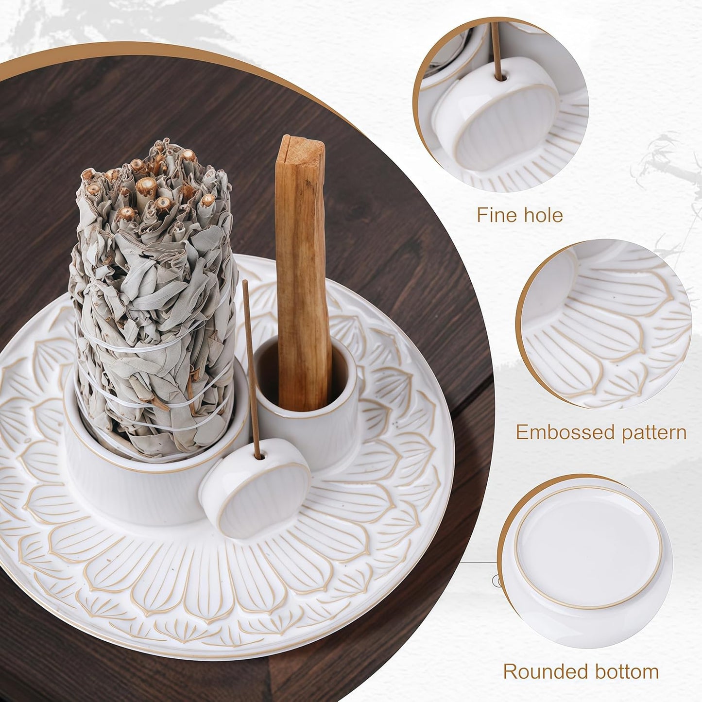 4 in 1 Incense Holder, Ceramic Incense Stick and Palo Santo Holder,Sage Holder for Burning- 5.5" Ceramic Ash Catcher Tray for Meditation and Yoga Room (White)