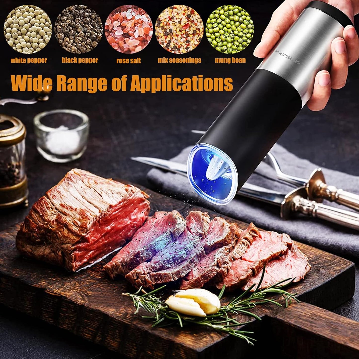 DERGUAM Gravity Electric Salt and Pepper Grinder Set, Stainless Steel Automatic Pepper and Salt Mill Grinder, Salt Grinder Spice Grinder with Adjustable Coarseness and LED Blue Light, Battery Powered